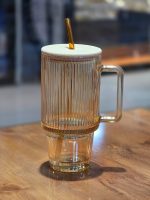 ماگ استنلی شیشه ای طرح خطدار درب بامبو وارداتی - Image 5