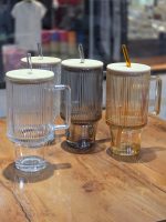 ماگ استنلی شیشه ای طرح خطدار درب بامبو وارداتی