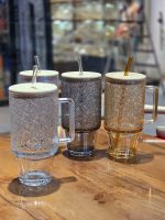 ماگ استنلی شیشه ای طرحدار درب بامبو وارداتی