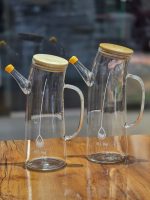 ظرف روغن پیرکس طرح کج درب بامبو وارداتی