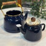 ست کتری قوری لعابی دسته چوب رنگ مشکی وارداتی